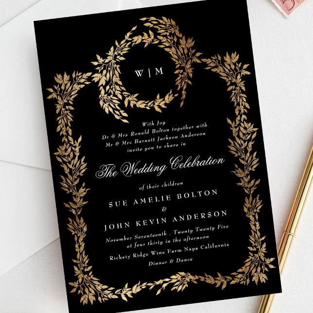 Invitación Monograma tradicional Escudo negro Boda clásico (Subido por el creador)
