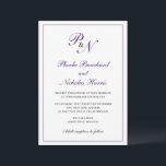 Invitación Monograma tradicional Royal Purple Elegant Wedding<br><div class="desc">Invitación tradicional y elegante a una boda con un diseño sencillo con tu primer monograma y tus nombres en una elegante caligrafía real violeta dentro de un delgado borde. El trasero es púrpura sólido. Este diseño clásico es perfecto para un boda formal en otoño/otoño.</div>
