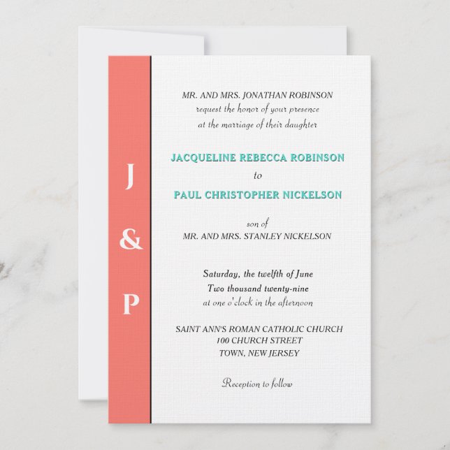 Invitación Monograma Turquesa Coral Minimalista (Anverso)