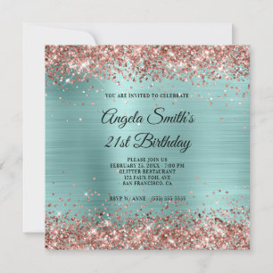 Invitación Monograma Turquesa Pálido Brillo Dorado Rosa