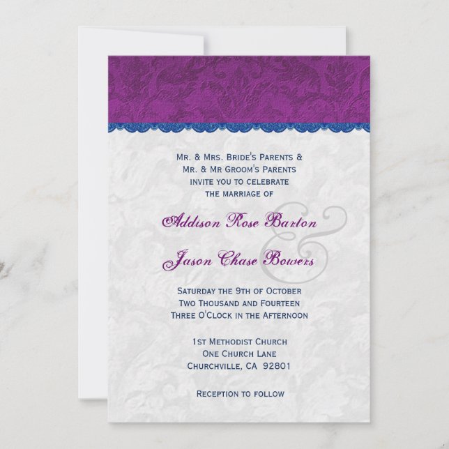 Invitación Monograma V05 Boda morado, azul y plata (Anverso)