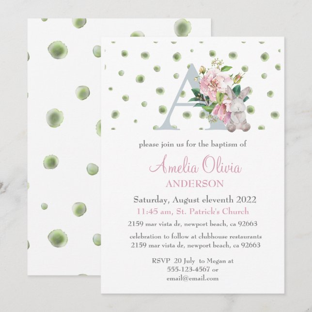 Invitación Monograma Vegetación floral rosa Baptismo Chica In (Anverso / Reverso)