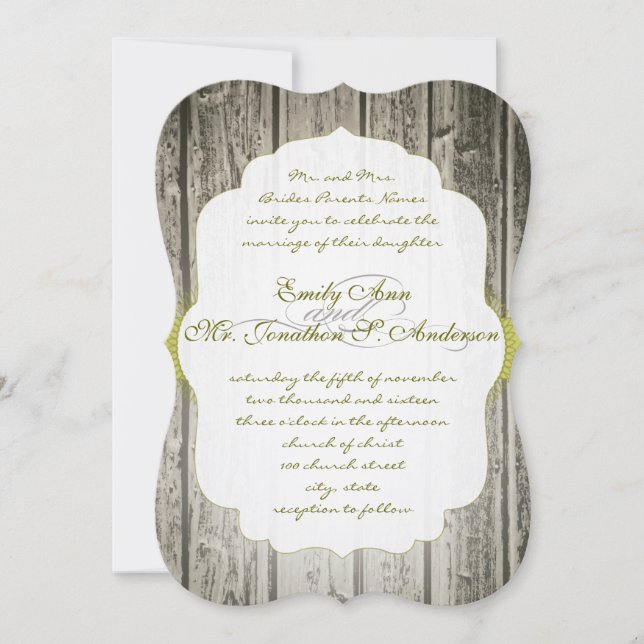 Invitación Monograma Verde Acento Rústico Boda de madera de g (Anverso)