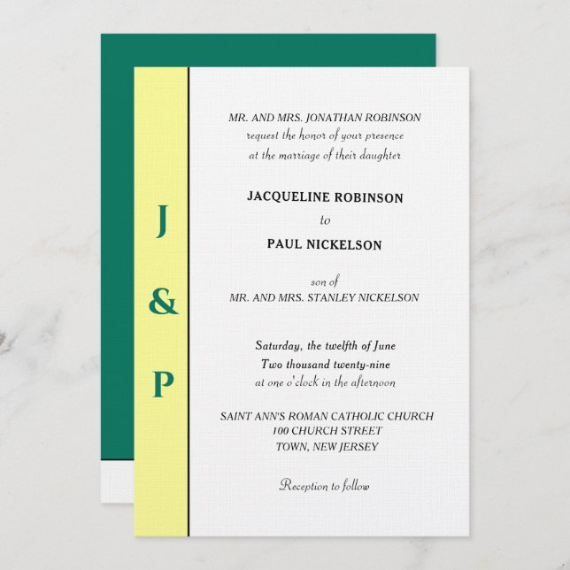 Invitación Monograma verde amarillo tropical minimalista (Anverso / Reverso)