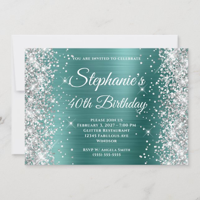 Invitación Monograma Verde azulado Aqua, Purpurina de Plata,  (Anverso)