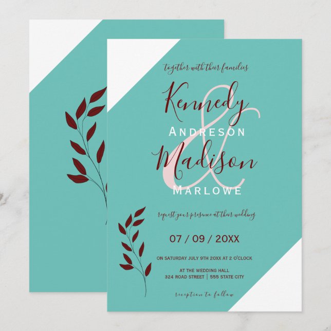 Invitación Monograma verde azulado 💍 Elegancia Geométrica Mo (Anverso / Reverso)