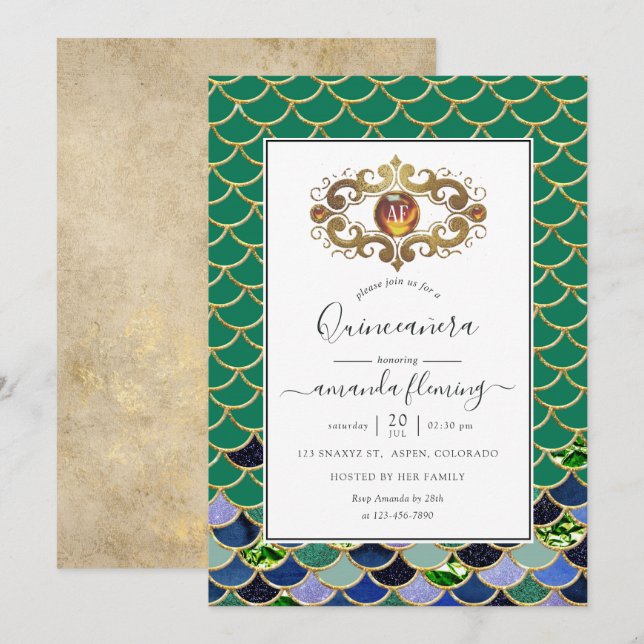 Invitación Monograma verde azulado Gemstone Mermaid Quinceañe (Anverso / Reverso)
