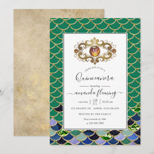 Invitación Monograma verde azulado Gemstone Mermaid Quinceañe