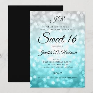 Invitación Monograma Verde azulado Ombre Luces Dulces 16 Cump