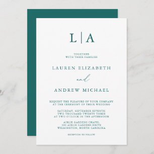 Invitación Monograma Verde azulado verde esmeralda Boda Minim