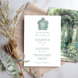 Invitación Monograma verde Boda de acuarela elegante sin tiem