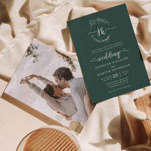 Invitación Monograma verde del bosque de flores Boda de fotog