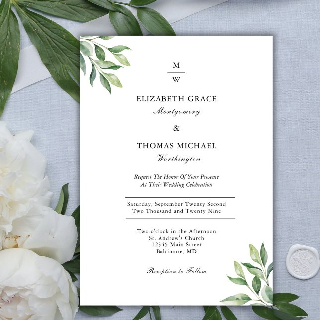 Invitación Monograma verde elegante Boda formal moderno (Monogram Greenery Elegant Modern Wedding Invitation)