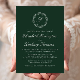 Invitación Monograma verde esmeralda Boda de escritura blanca
