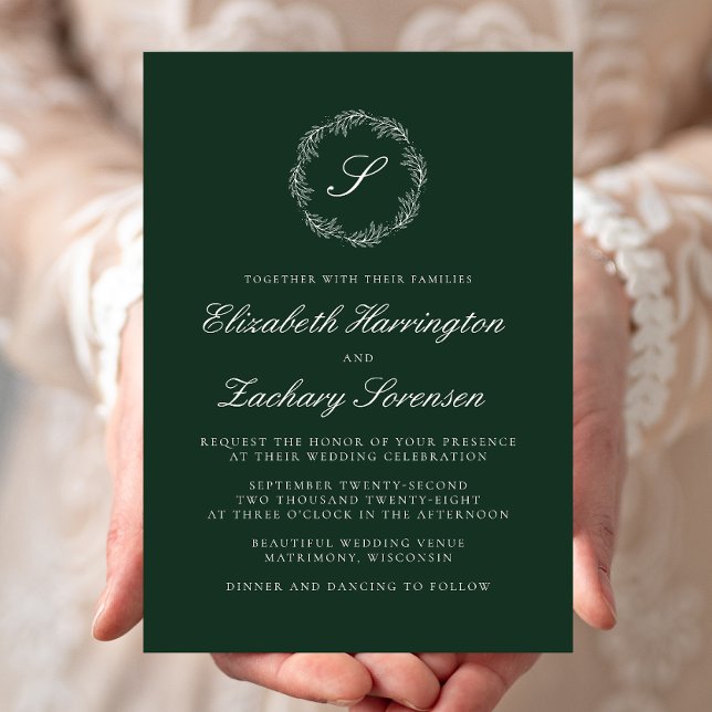 Invitación Monograma verde esmeralda Boda de escritura blanca (Subido por el creador)