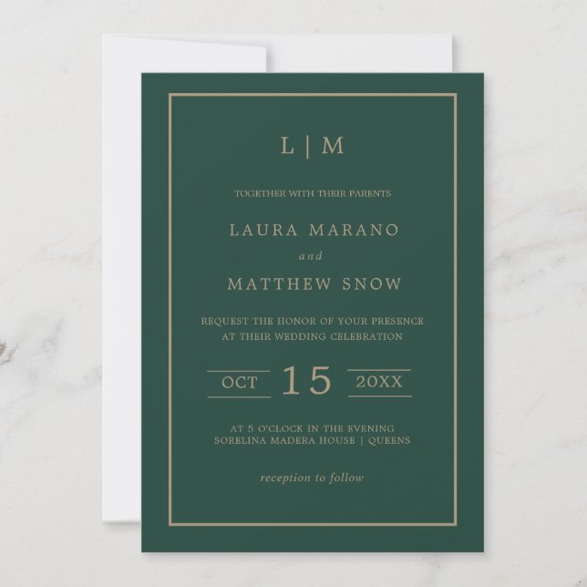 Invitación Monograma verde esmeralda simple Boda moderno (Anverso)