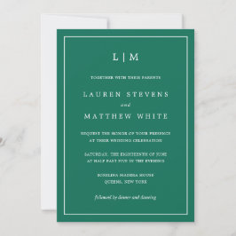 Invitación Monograma verde esmeralda simple matrimonio elegan