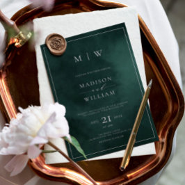Invitación Monograma verde esmeralda y matrimonio elegante en