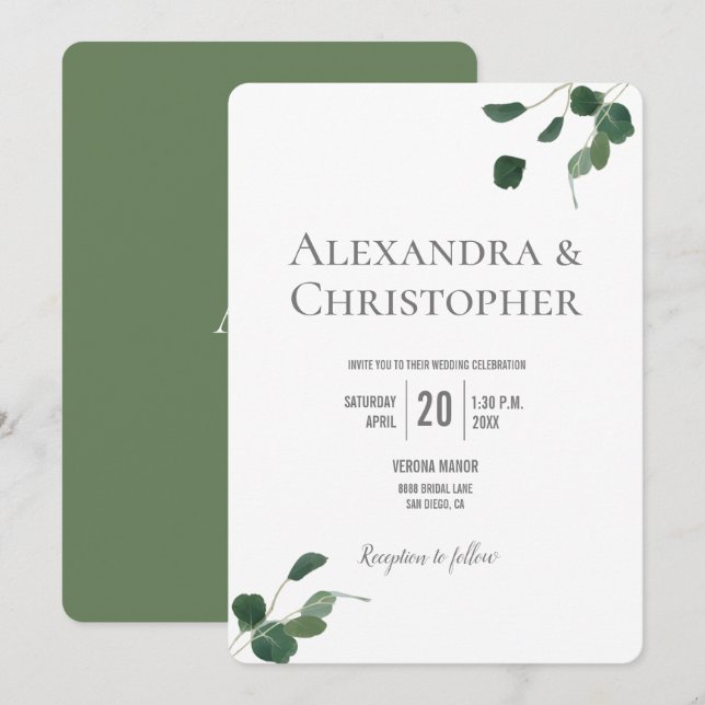 Invitación Monograma Verde Eucalipto Moderno hojas botánicas (Anverso / Reverso)