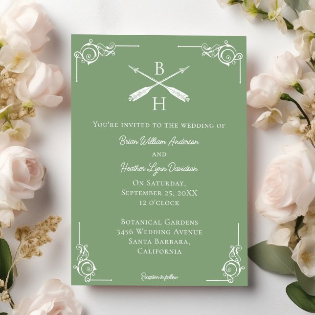 Invitación Monograma verde mosca y Boda de flechas (Moss Green Monogram and Arrows Wedding Invitation)