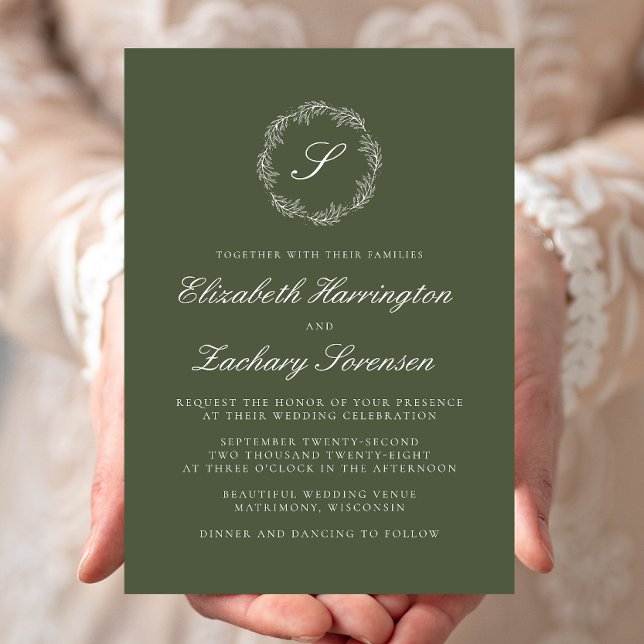 Invitación Monograma verde oliva Boda de escritura blanca (Subido por el creador)