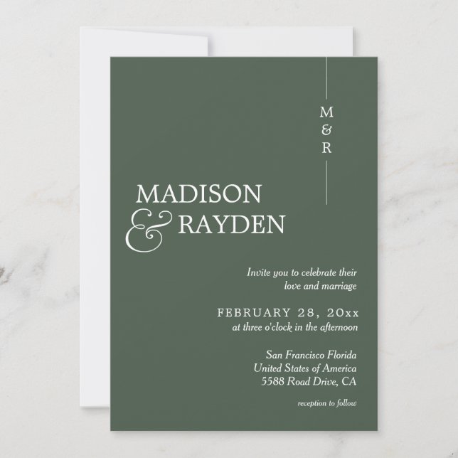 Invitación Monograma verde oscuro moderno Foto Boda de código (Anverso)