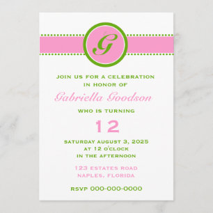 Invitación Monograma verde perrito rosa y lima 2