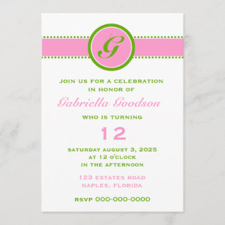 Invitación Monograma verde perrito rosa y lima 2