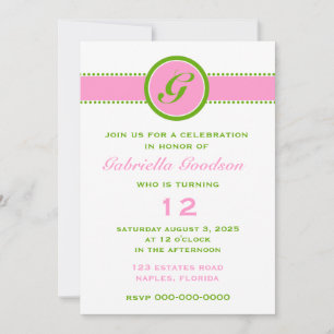Invitación Monograma verde preppy rosa y lima sorpresa en ban