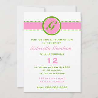 Invitación Monograma verde preppy rosa y lima sorpresa en ban