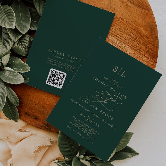 Invitación Monograma verde romántico Boda de código QR delant (Subido por el creador)