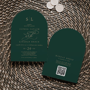 Invitación Monograma verde romántico Código QR Boda de arco b