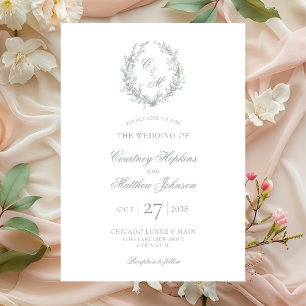 Invitación Monograma verde sabio Boda de guirnaldas botánicas
