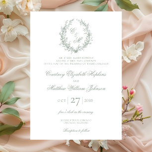 Invitación Monograma verde sabio Boda de guirnaldas botánicas