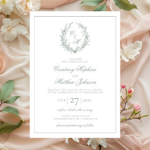 Invitación Monograma verde sabio Boda de guirnaldas botánicas