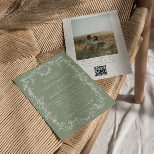 Invitación Monograma verde salvia floral código QR foto boda