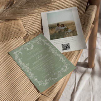 Invitación Monograma verde salvia floral código QR foto boda