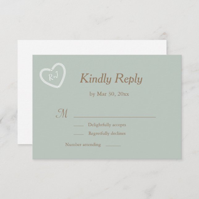 Invitación Monograma Verde Salvia Oro Blanco Corazón Forma Bo (Anverso / Reverso)