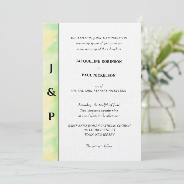 Invitación Monograma verde tropical minimalista amarillo (Anverso de pie)