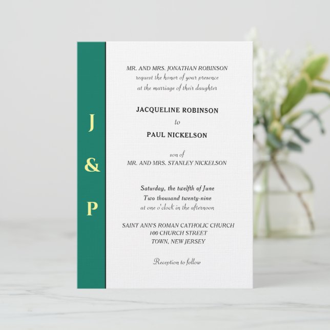 Invitación Monograma verde tropical minimalista amarillo (Anverso de pie)