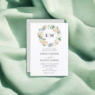 Invitación Monograma Verdor Floral Elegante Boda Blanco