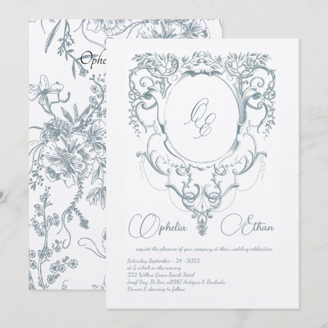 Invitación Monograma victoriano boda escudo barroco (Anverso / Reverso)