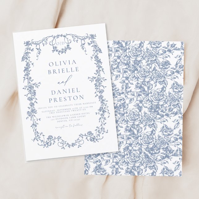 Invitación Monograma victoriano Boda floral azul francés (Subido por el creador)