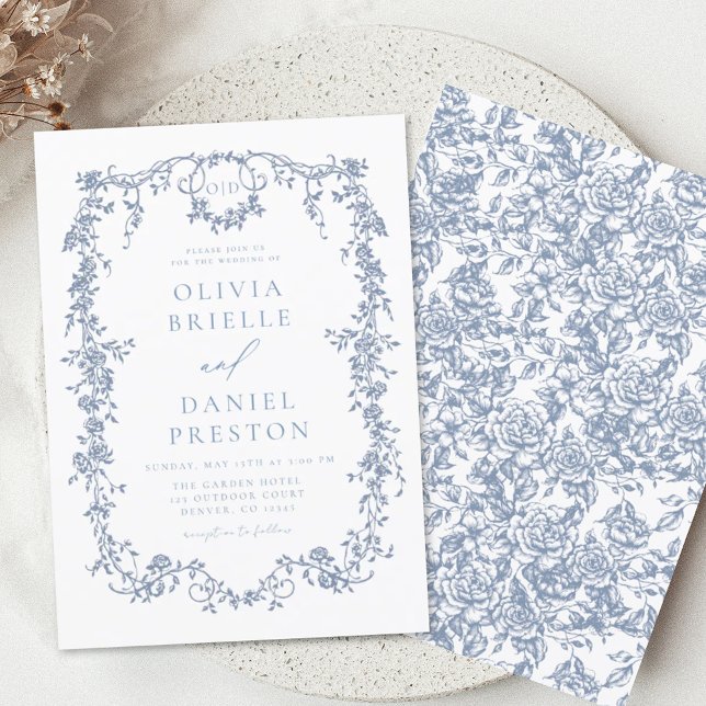Invitación Monograma victoriano Boda floral azul francés (Subido por el creador)