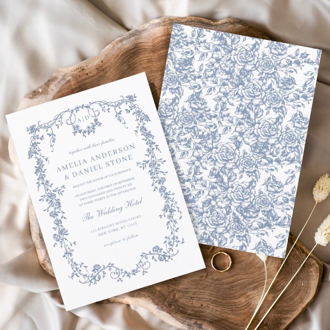 Invitación Monograma victoriano Boda floral azul francés (Subido por el creador)