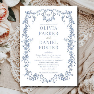 Invitación Monograma Victoriano Francés de Boda en Azul Polvo