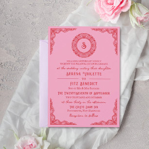 Invitación Monograma Vintage de Encaje Dibujado a Mano Rosa R