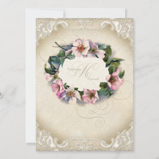Invitación Monograma Vintage Lace Wild Pink Rose Swirl Formal