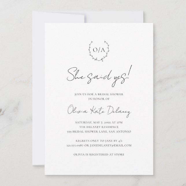 Invitación Monograma Wreath blanco negro elegante ducha de no (Anverso)