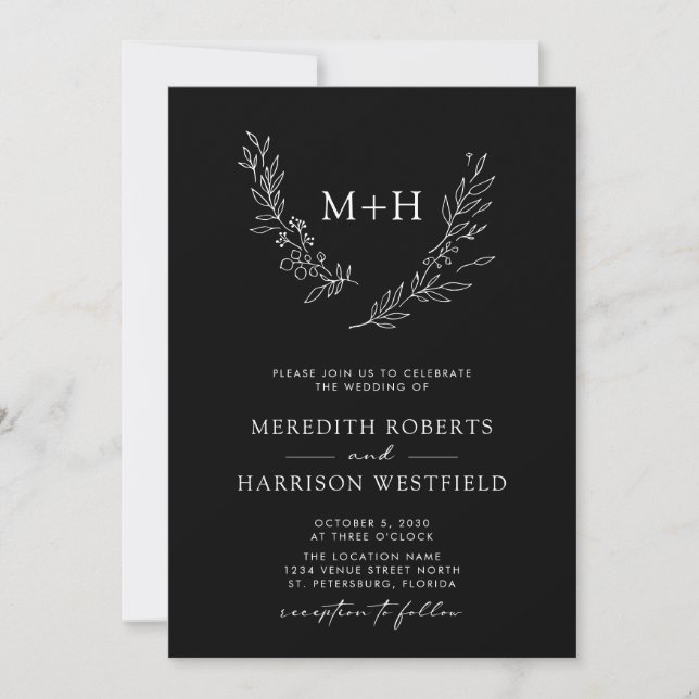 Invitación Monograma Wreath Código QR Boda blanco negro (Anverso)